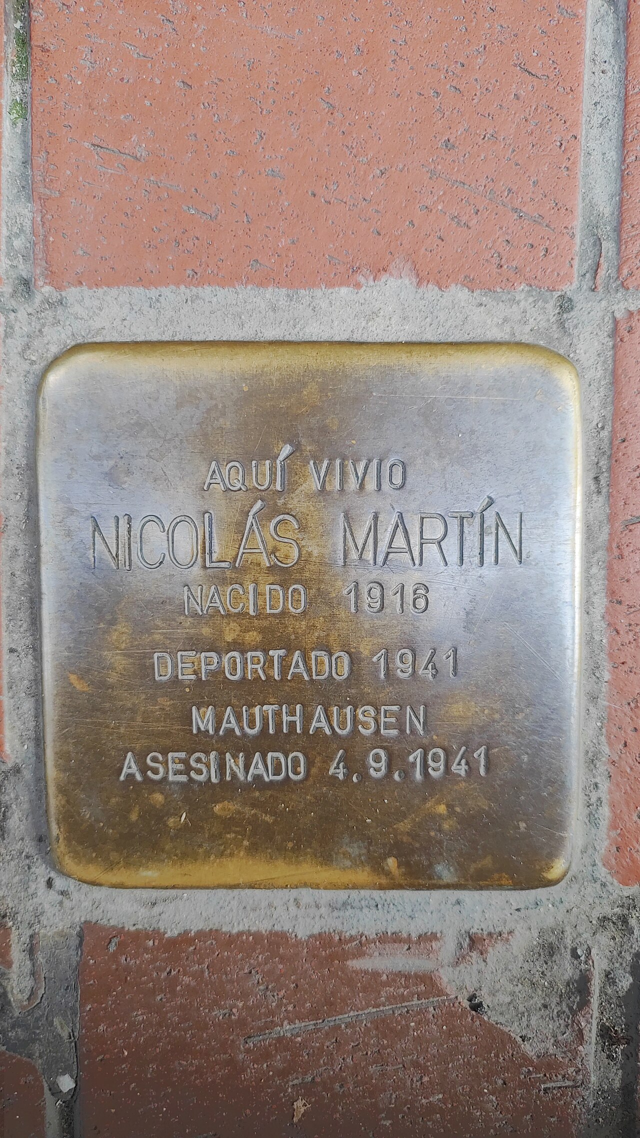 Stolperstein dedicada a Nicolás Martín González