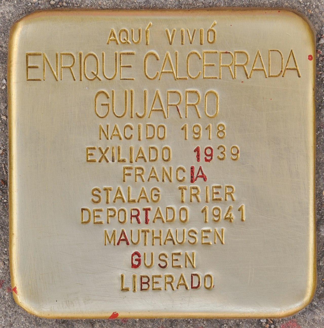 Stolperstein en memoria de Enrique Calcerrada Guijarro