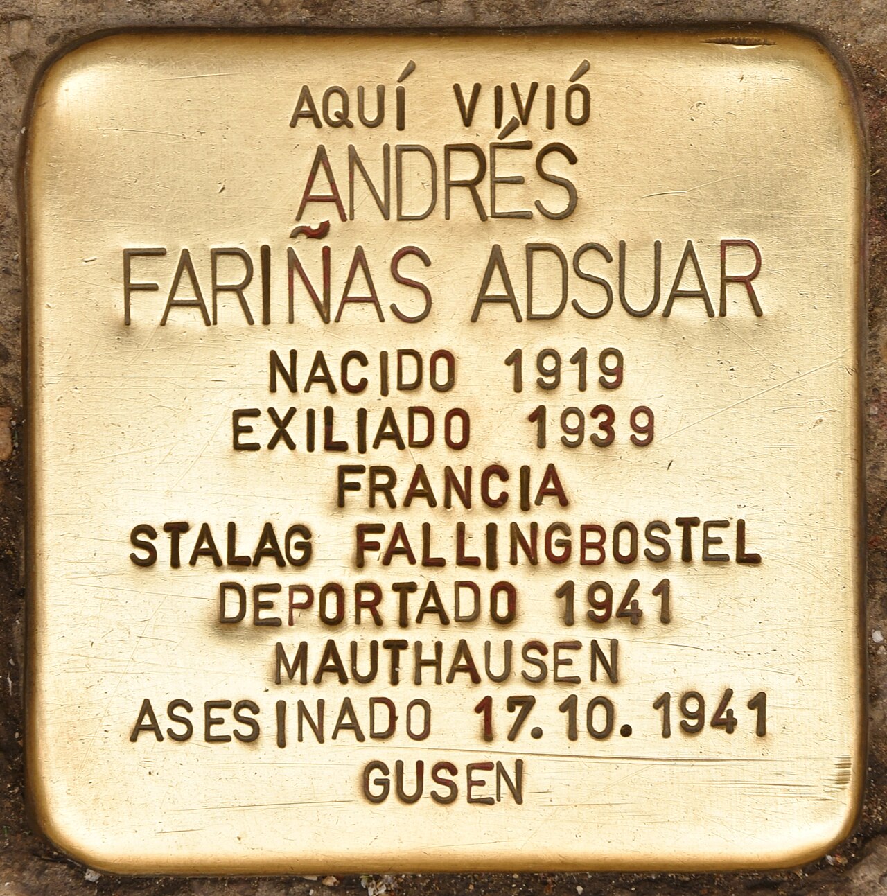 Stolperstein en memoria de Andrés Fariñas Adsuar